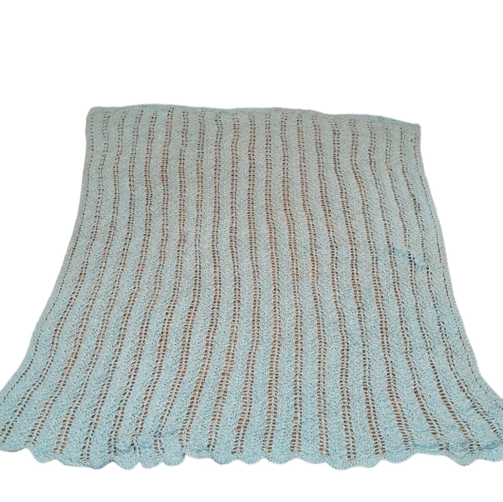 Handmade Vintage Crochet Afghan Greenish Blue Baby Blanket Throw - Picture 7 of 7
